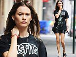 NEW YORK - SEPTEMBER 12: Behati Prinsloo seen out in Soho in a mini skirt and Misfits print tee on September 12, 2015 in New York, New York.  (Photo by Josiah Kamau/BuzzFoto via Getty Images)